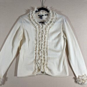 Cabo Cardigan Women's Med‎ Ivory Rabbit Hair Trim Wool Blend Hook & Eye Closure